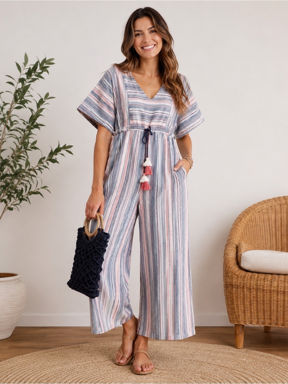 Anthropologie The Odells Monroe Stripe Cotton Wide Leg Jumpsuit S